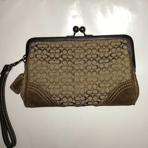 Coach Signature Tan and Brown Wristlet Clutch